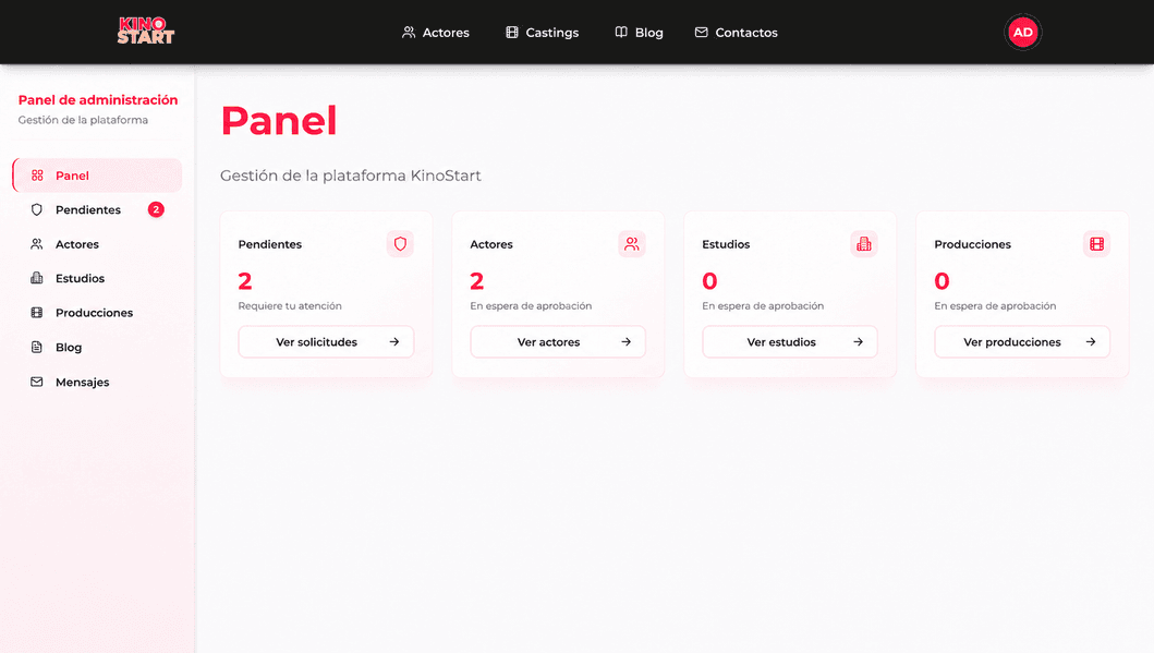 Plataforma de casting — captura de pantalla