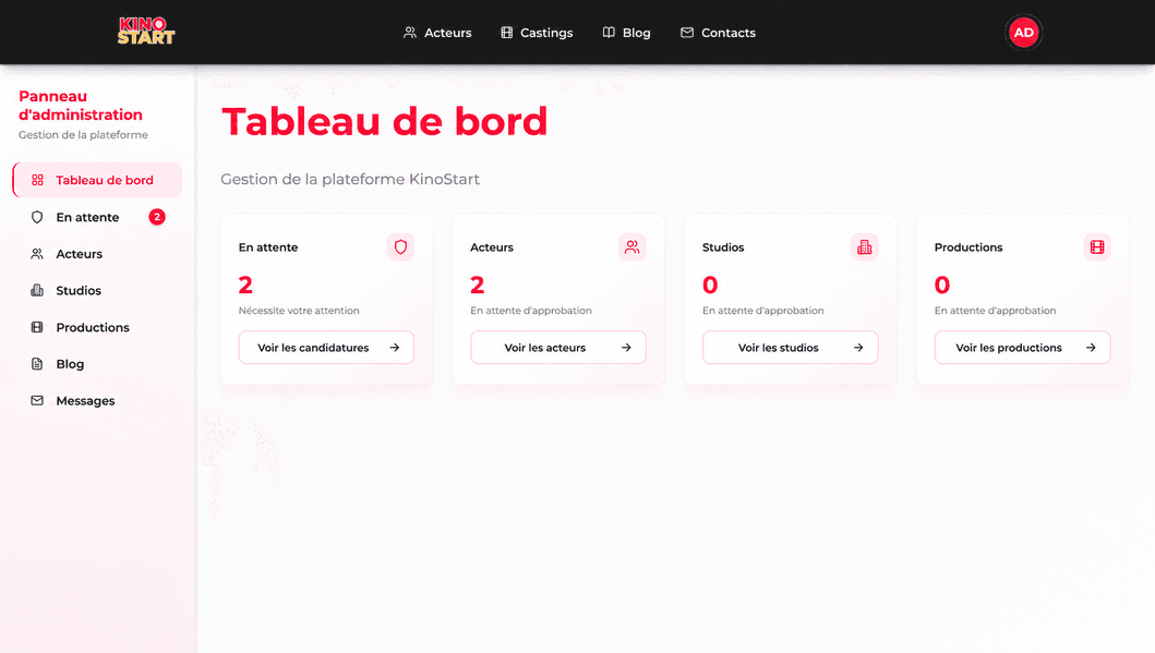 Plateforme de casting — capture d'écran