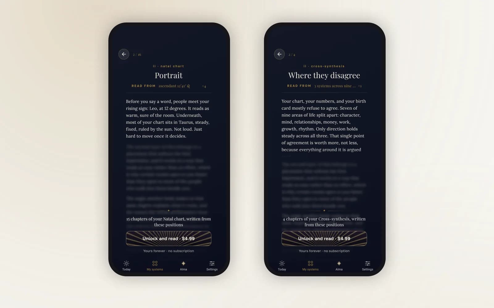 Alma app — a natal chart chapter and the cross-synthesis chapter