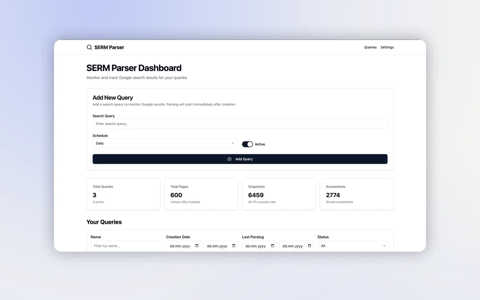 DMCA automation dashboard: monitored search queries, tracked pages, snapshots and stored screenshots
