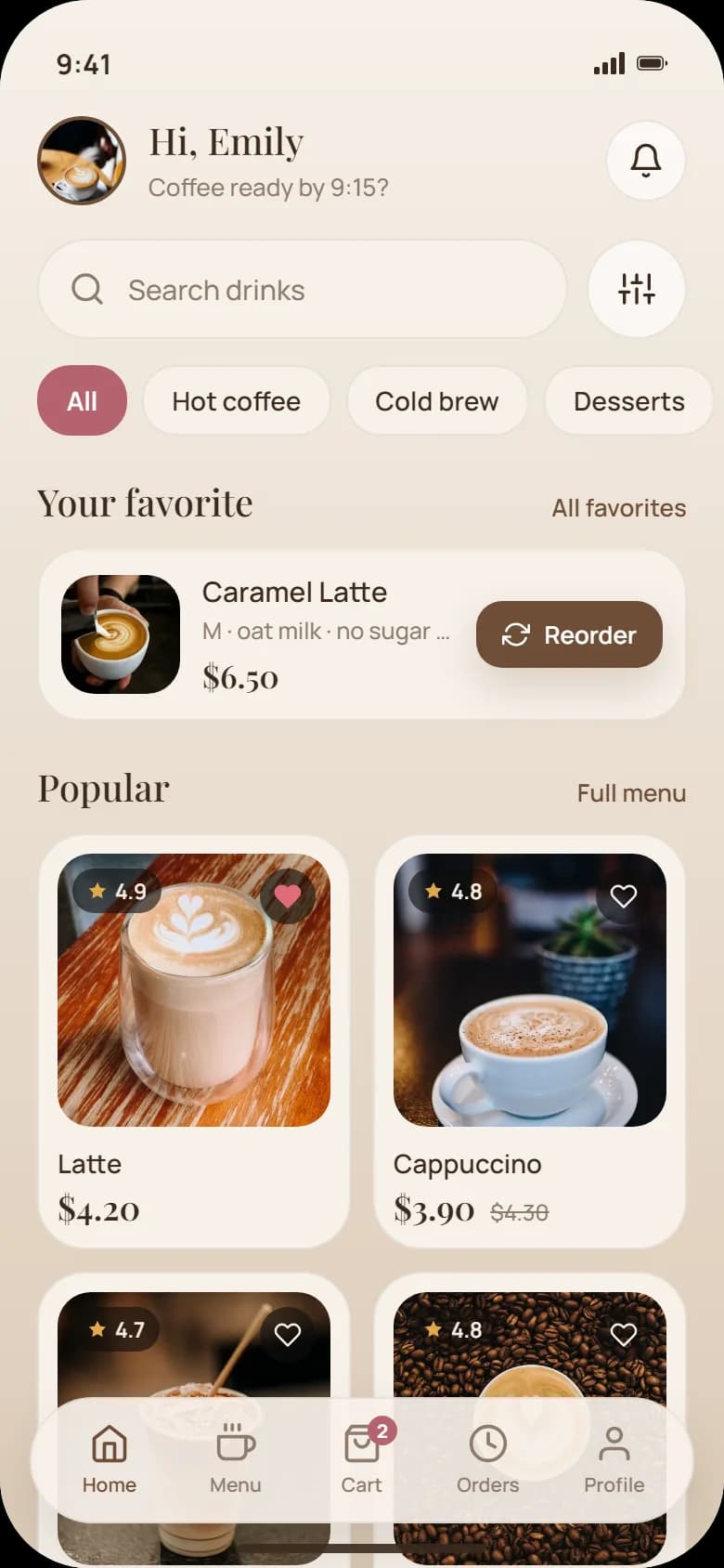 Home: favourites with reorder and the menu by category
