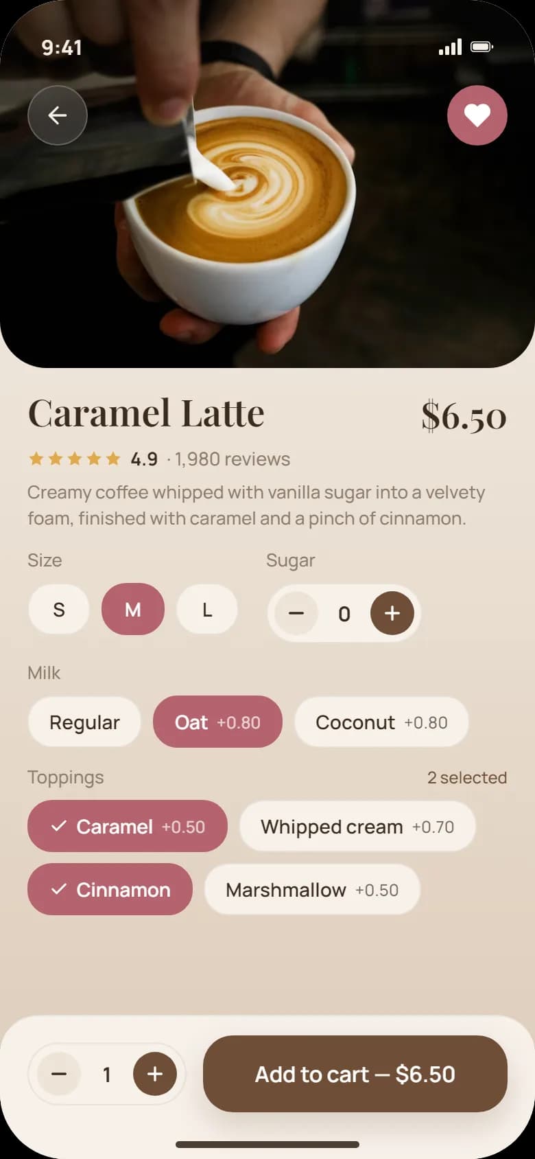 Product screen: size, milk, toppings and the live price