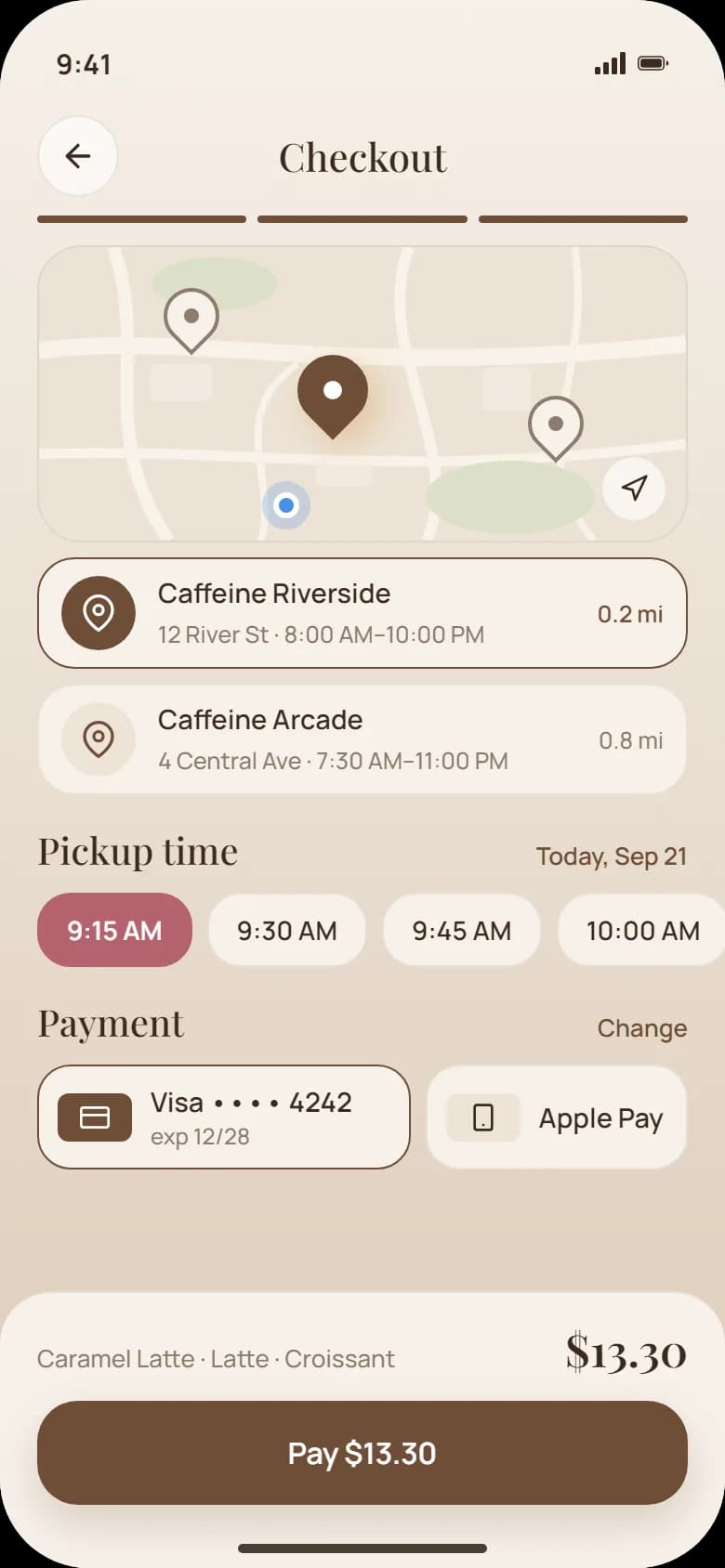 Mobile checkout with saved card and pickup time slot