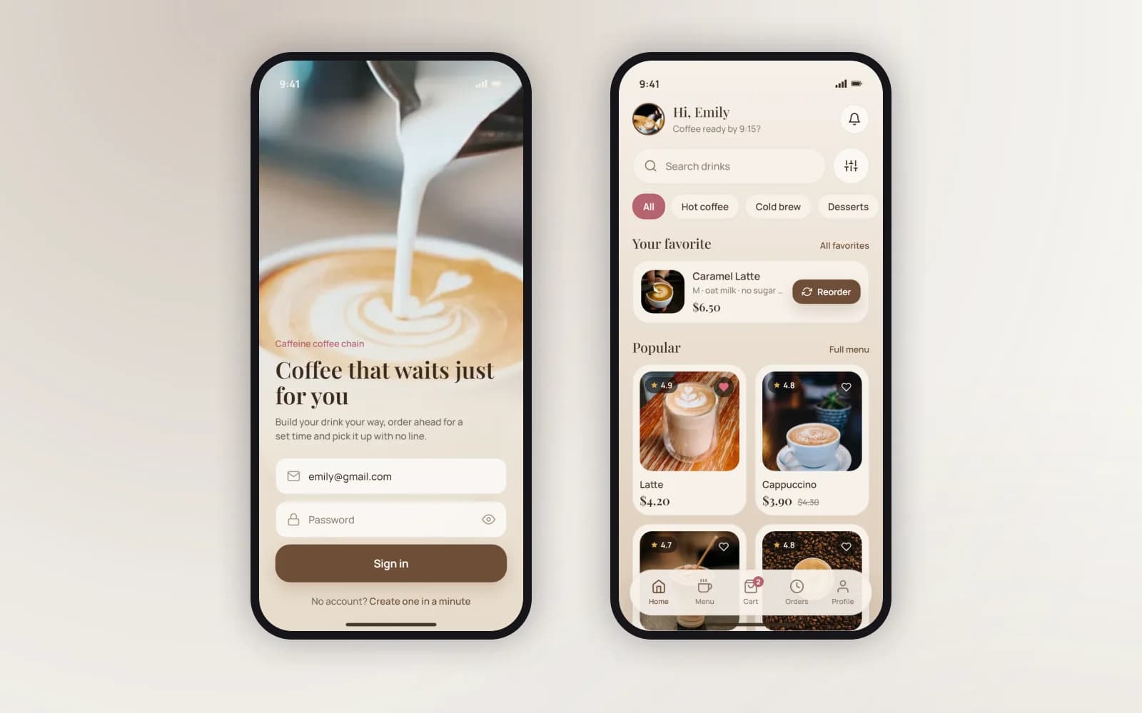 Caffeine app — sign-in screen and the home menu