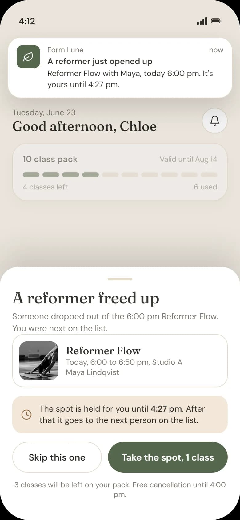 Push "a reformer just opened up" with a fifteen-minute timer