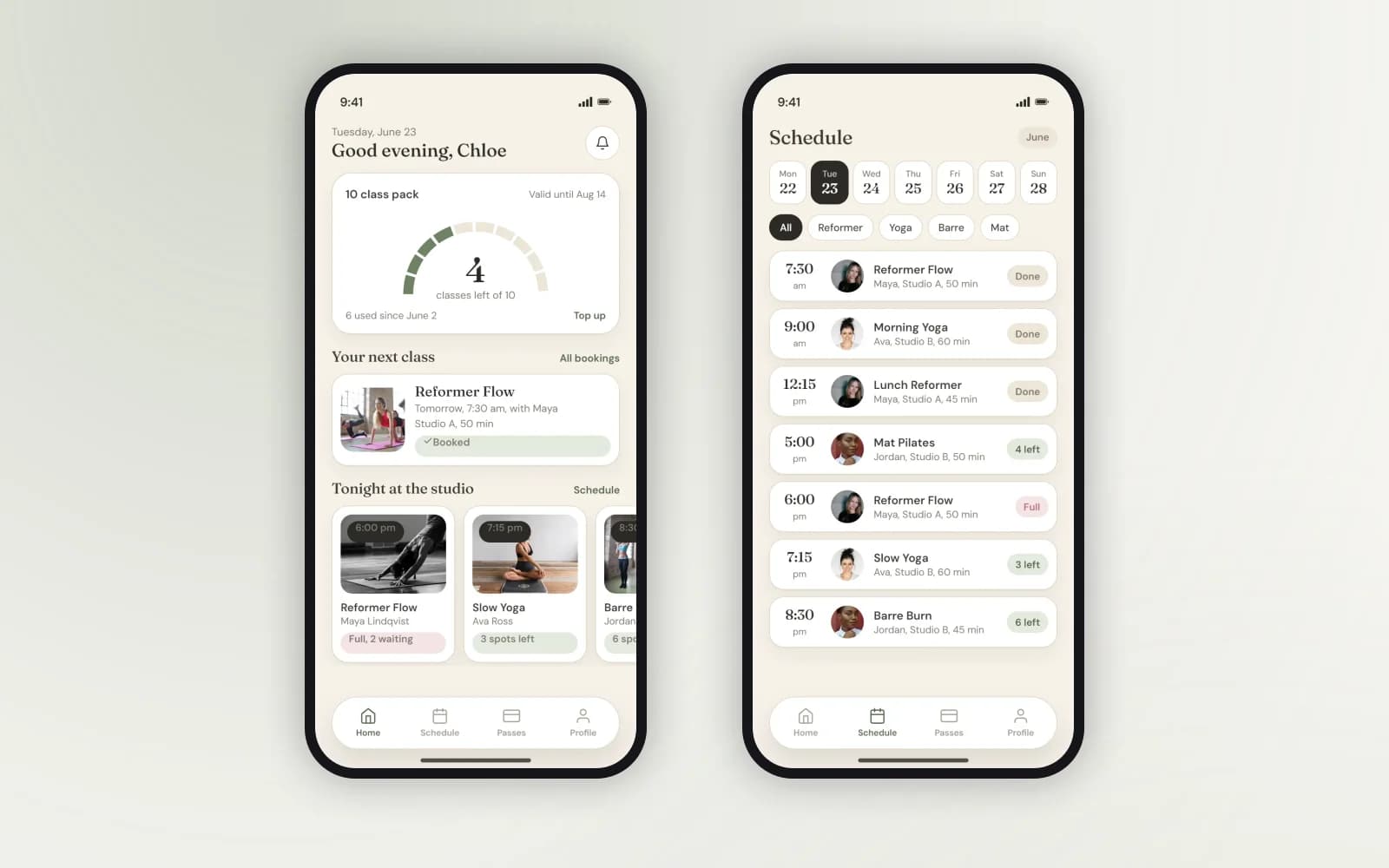 Form Lune studio app — home screen and the "spot opened" push