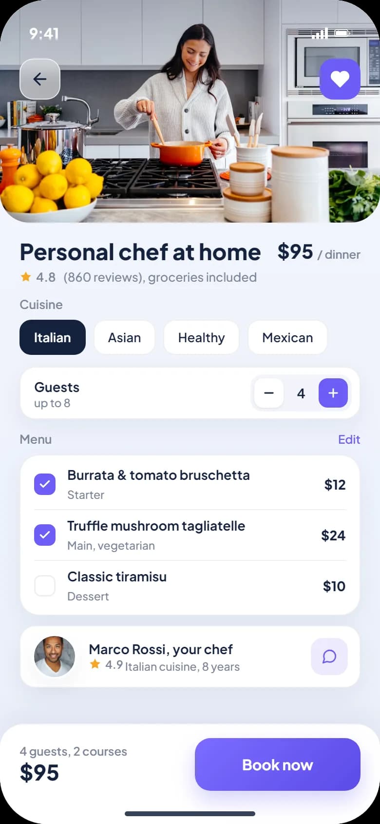 Cooking: cuisine, guests and dietary notes