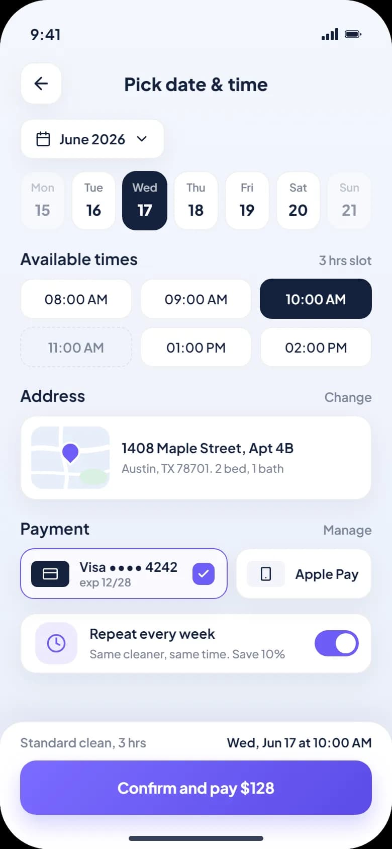 Schedule and pay: day, slot, total and the saved card