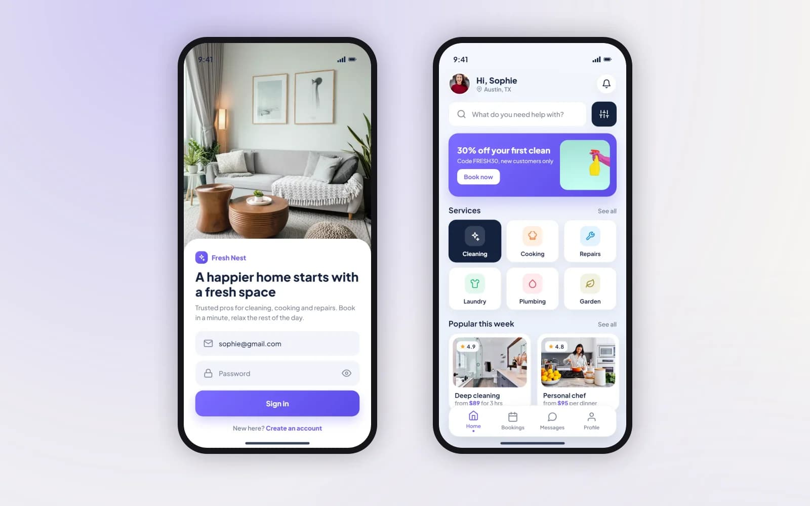 Fresh Nest app — welcome screen and the services home screen
