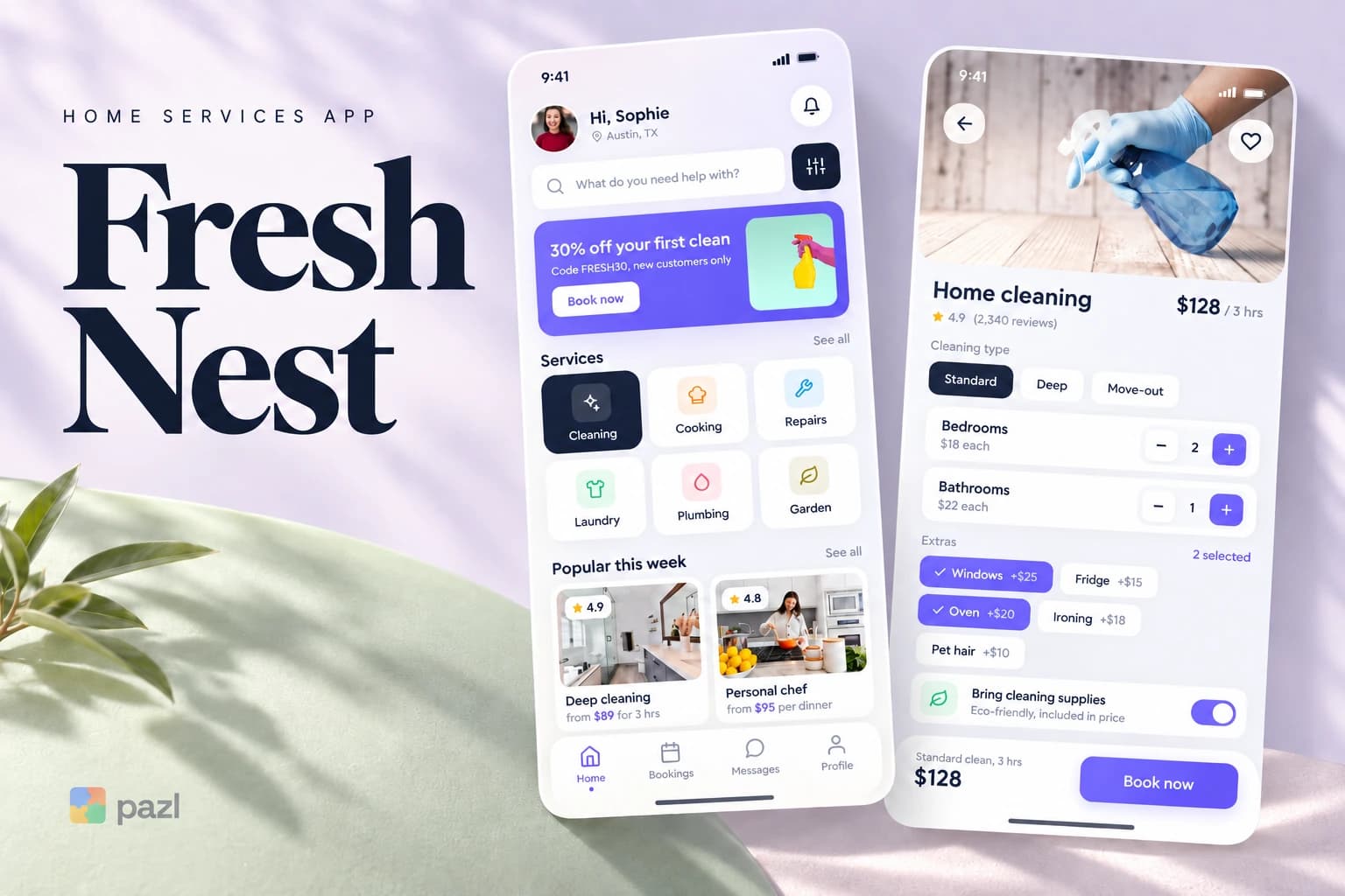Fresh-Nest-App: Willkommensbildschirm und Übersicht der Leistungen