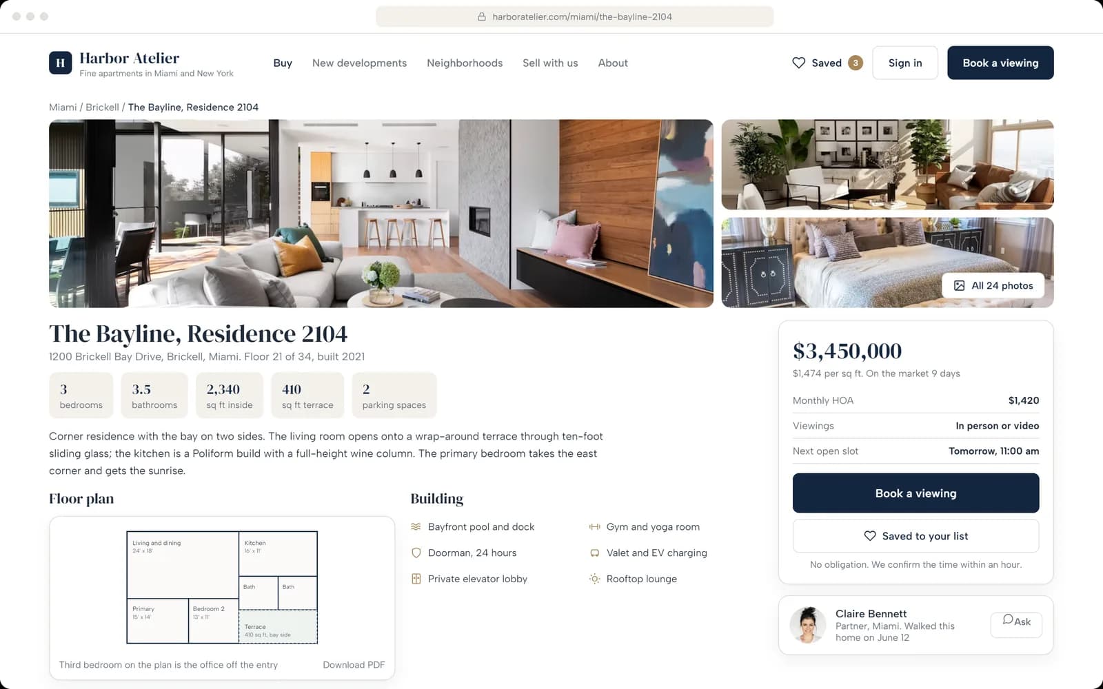 Property page with photos, floor plan and viewing booking