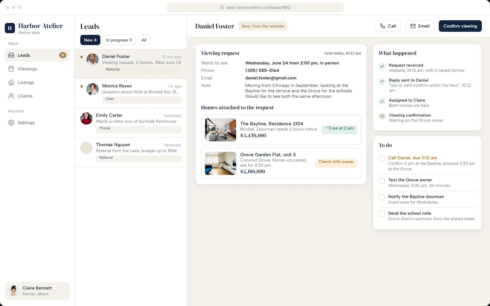 Partner desk: listings, statuses and leads