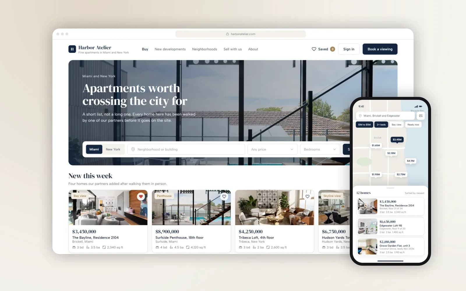 Harbor Atelier — home page of the platform and the mobile catalogue with a map