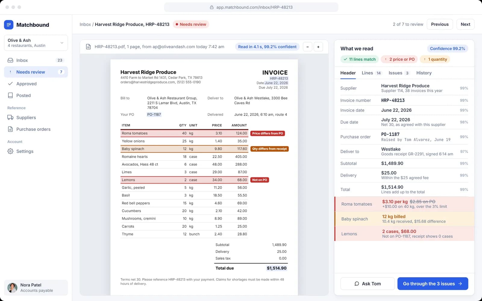 Review: PDF on the left, recognised fields on the right