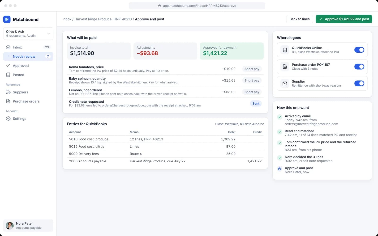 Approve and post: the amount to pay and the QuickBooks entries