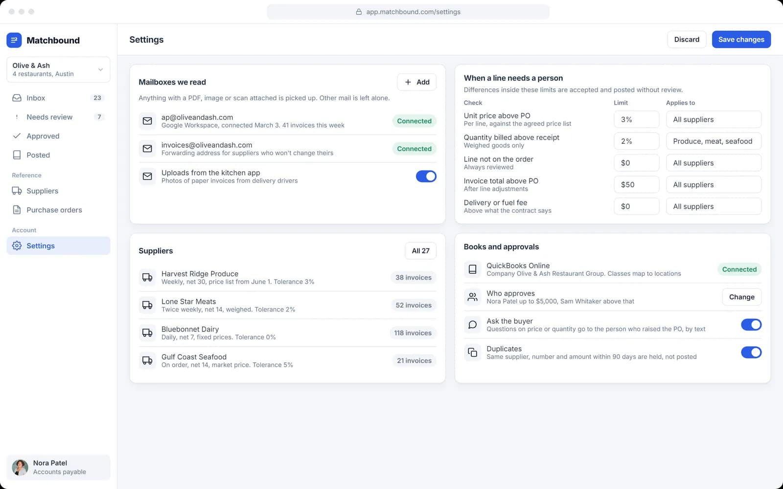 Settings: mailboxes, tolerances and suppliers