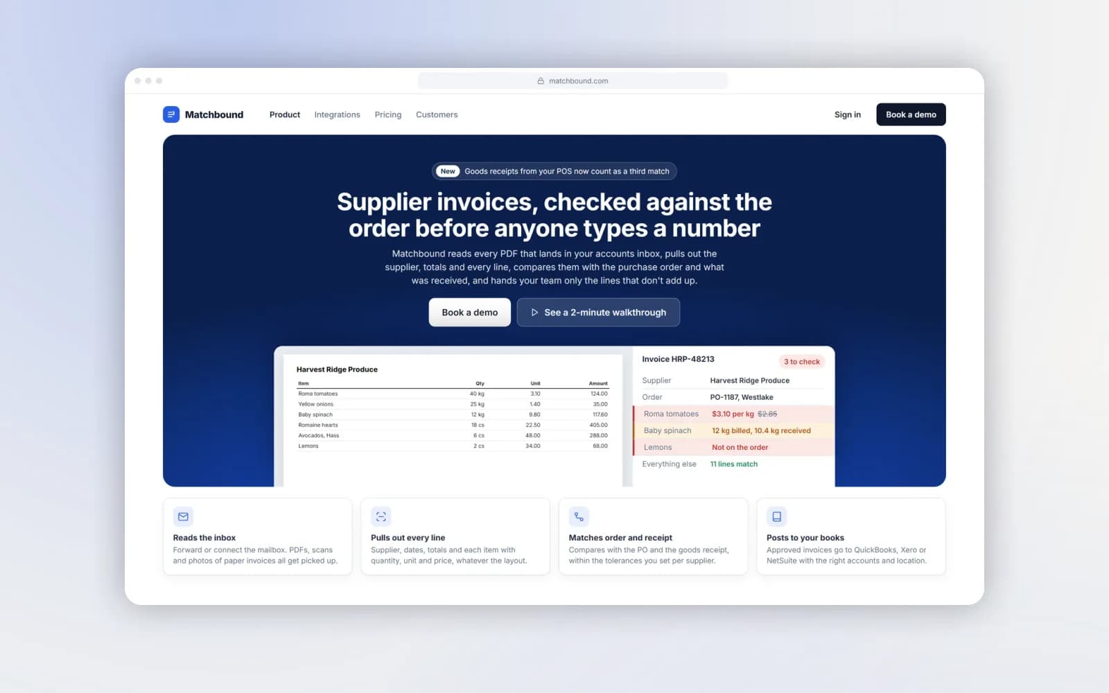 Matchbound — invoice review screen with recognised fields and highlighted mismatches
