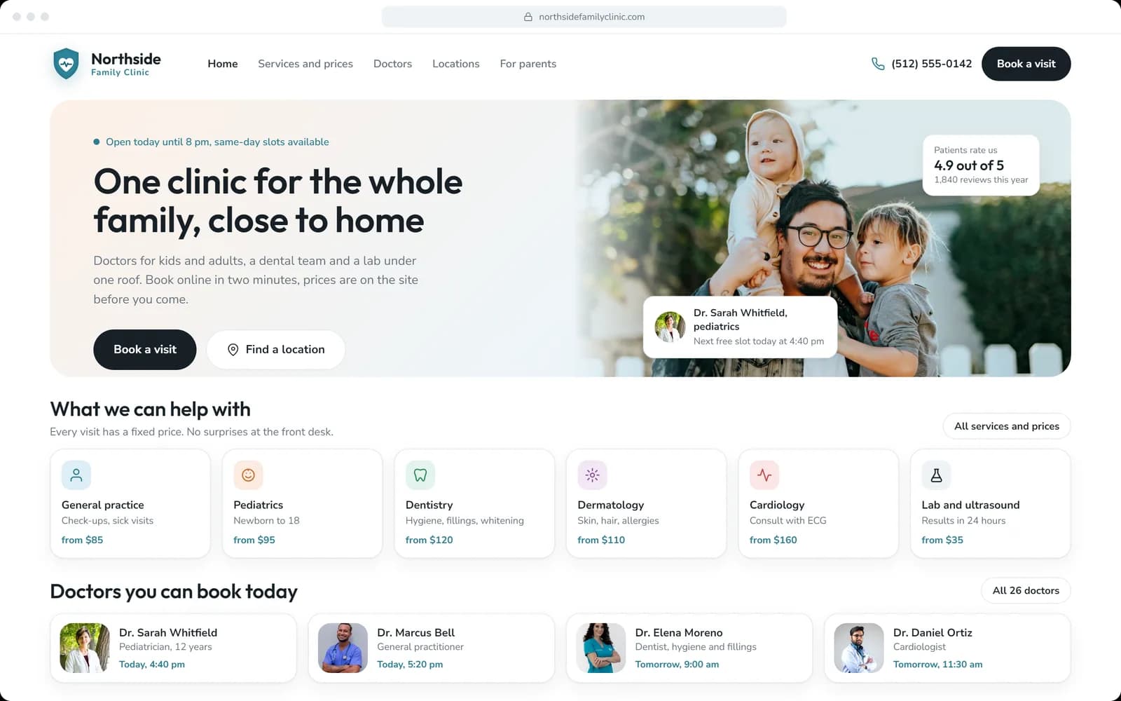 Clinic home page: doctors available today and a "Book a visit" button