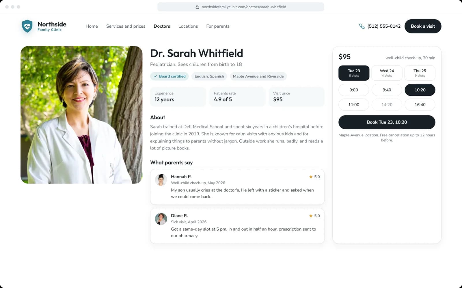Doctor page with credentials and a live calendar