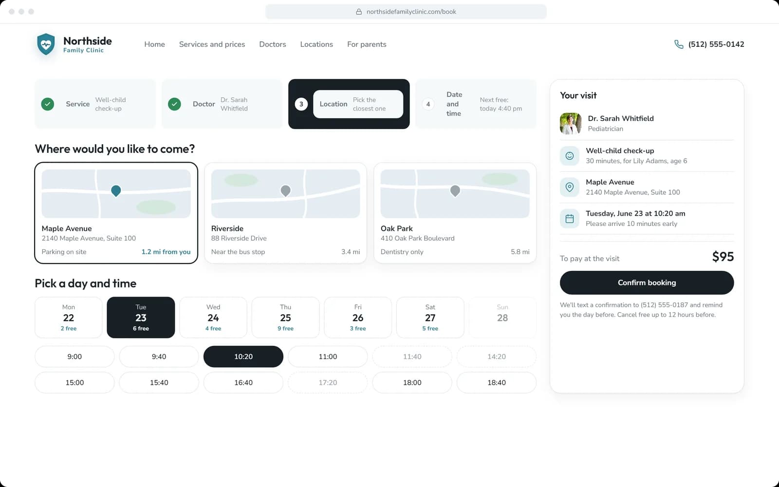 Booking: location, day and time on one screen
