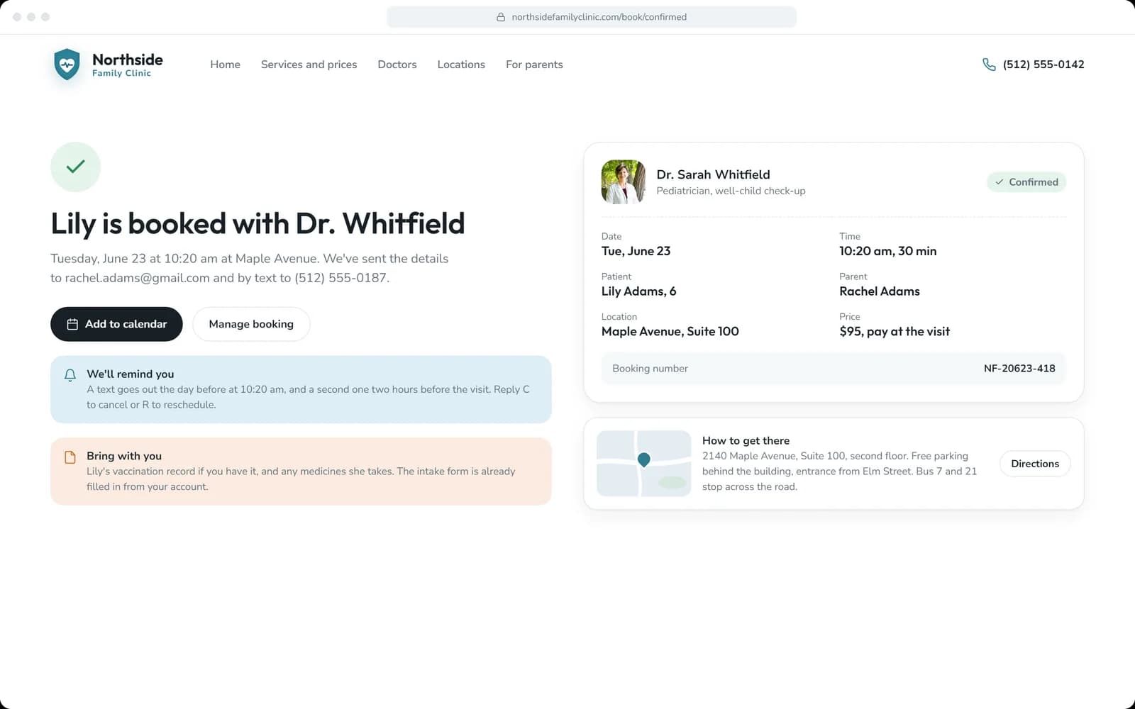 Confirmation page with the address and a cancel link