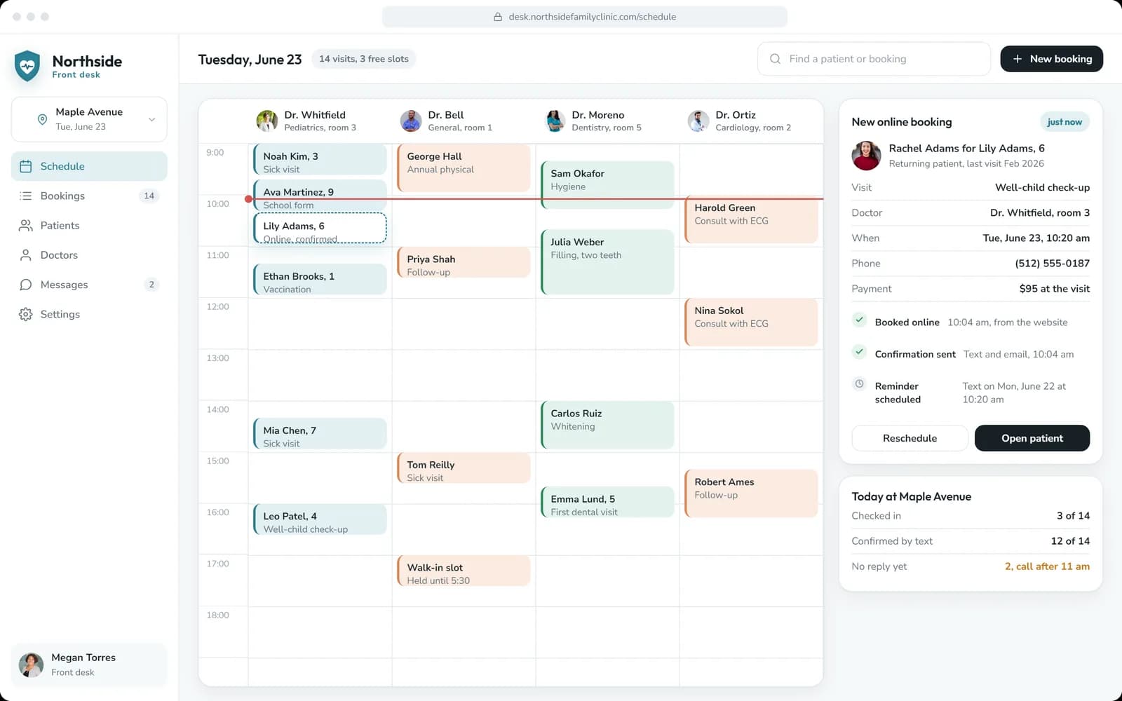 Clinic front-desk admin with the day’s schedule and waiting list