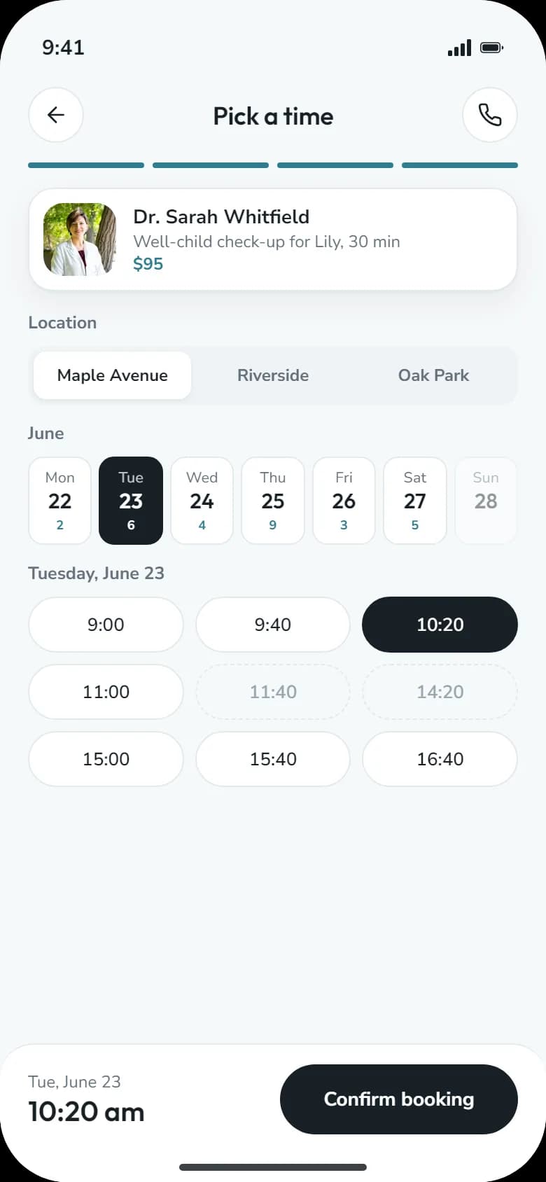 Mobile booking screen
