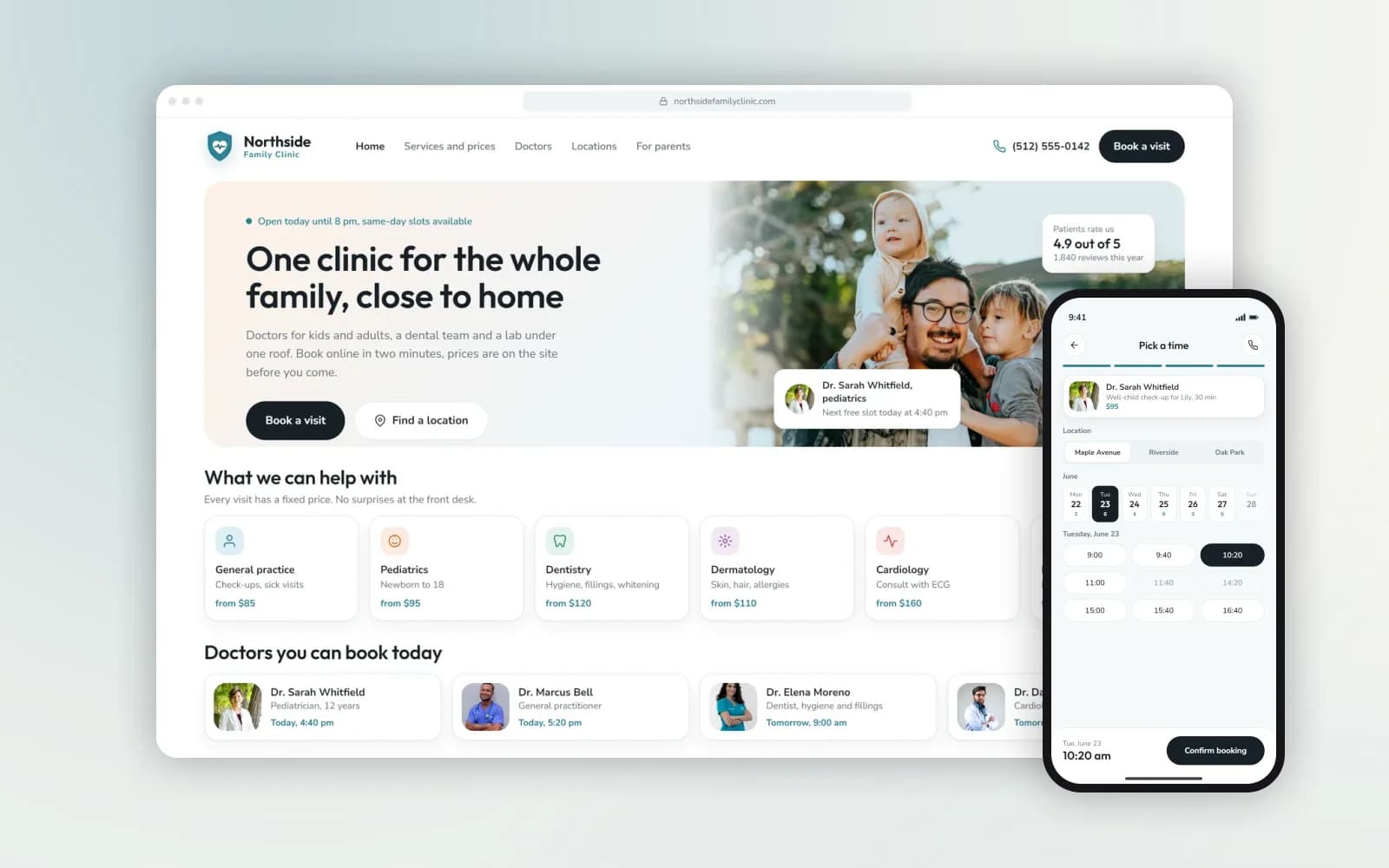 Northside Family Clinic — website home page and mobile booking screen