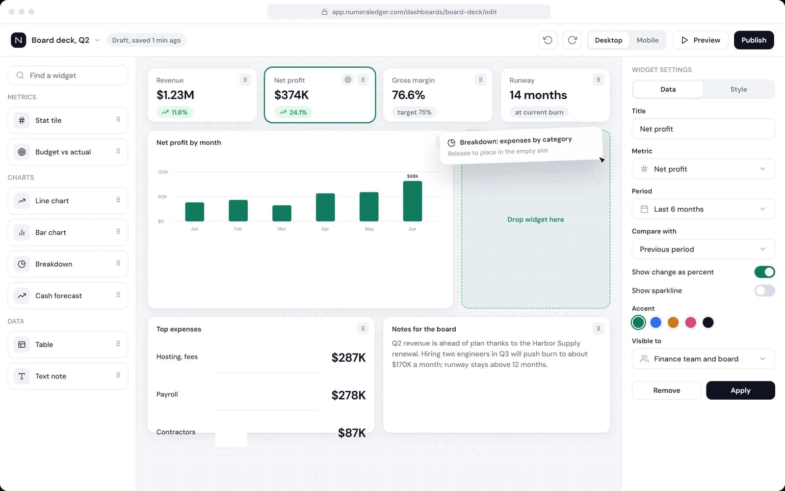 Dashboard builder: blocks dragged into a grid