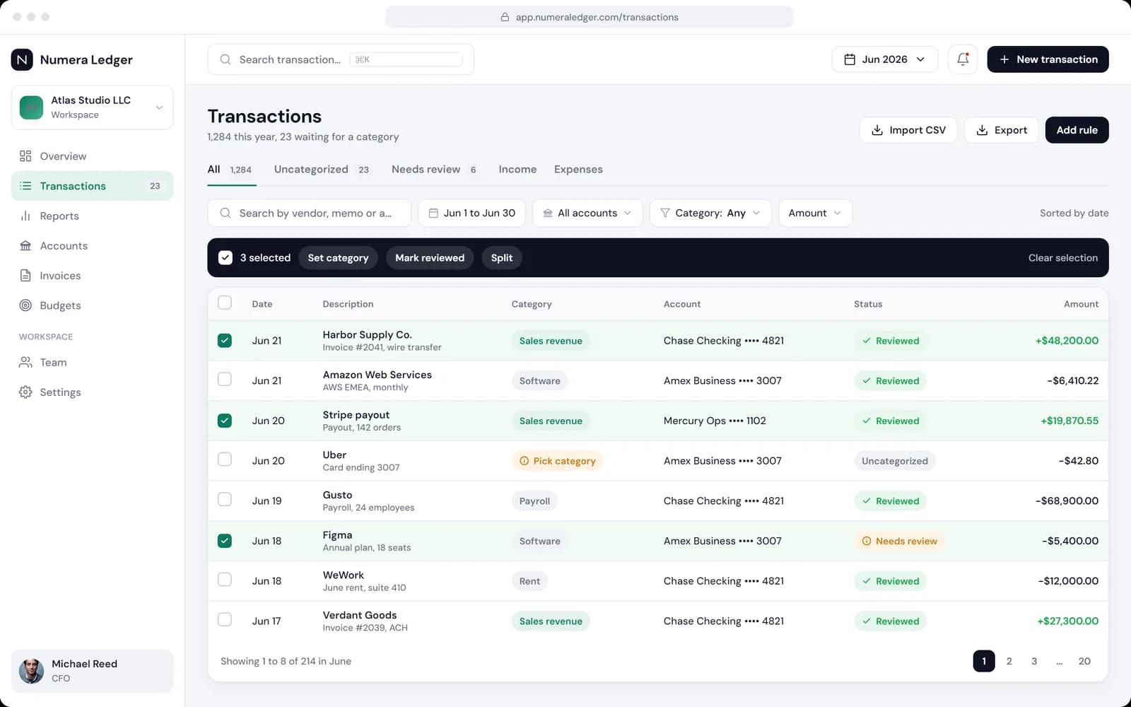 Transactions table with filters