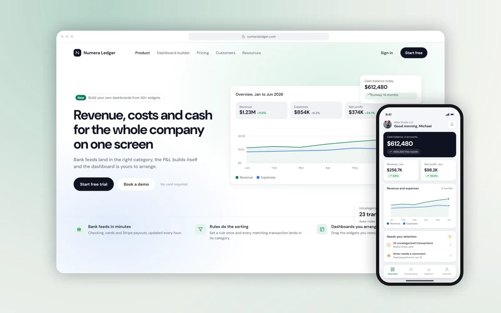 Numera Ledger — the dashboard in a browser and the mobile overview
