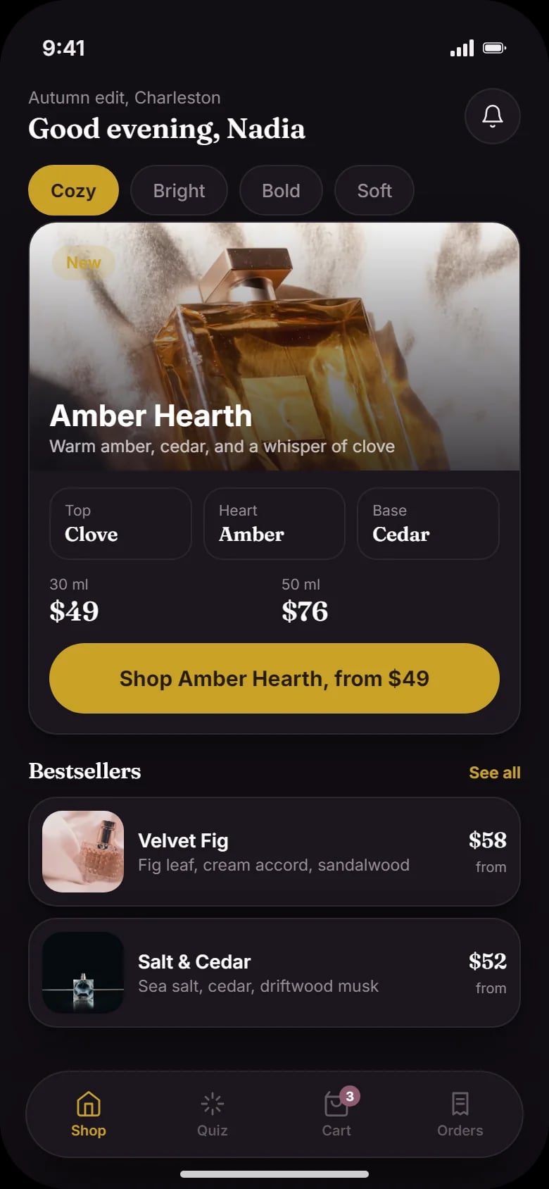 Home screen: mood filters, Amber Hearth with its notes and two sizes, bestsellers