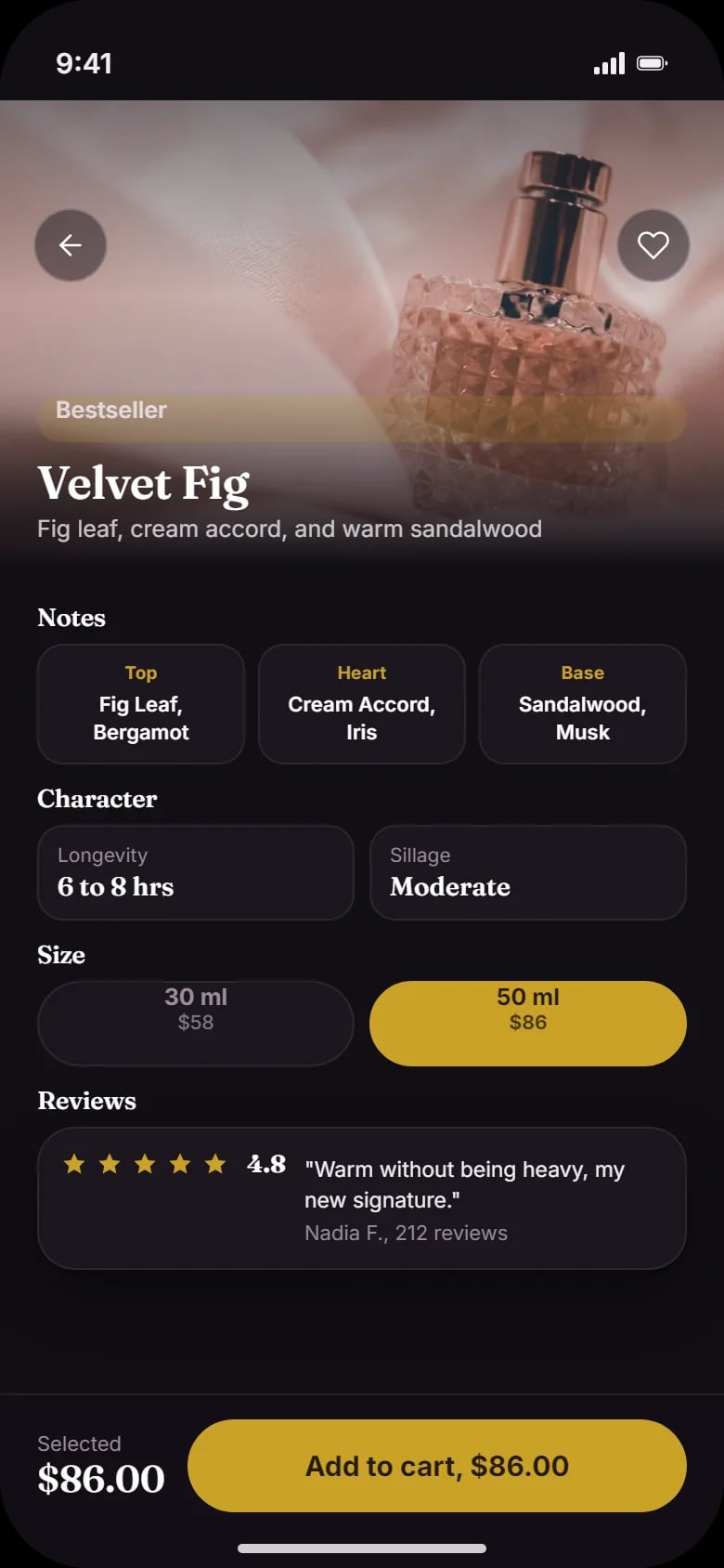 Velvet Fig page: top, heart and base notes, longevity, sillage, sizes and reviews