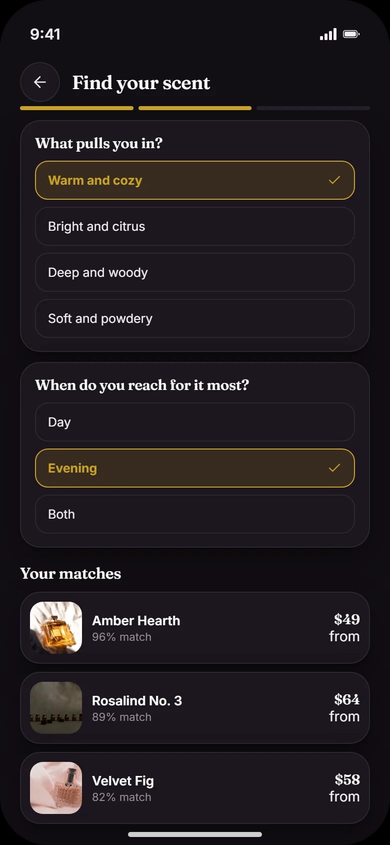 Find your scent: two quiz questions and three matches with a percentage