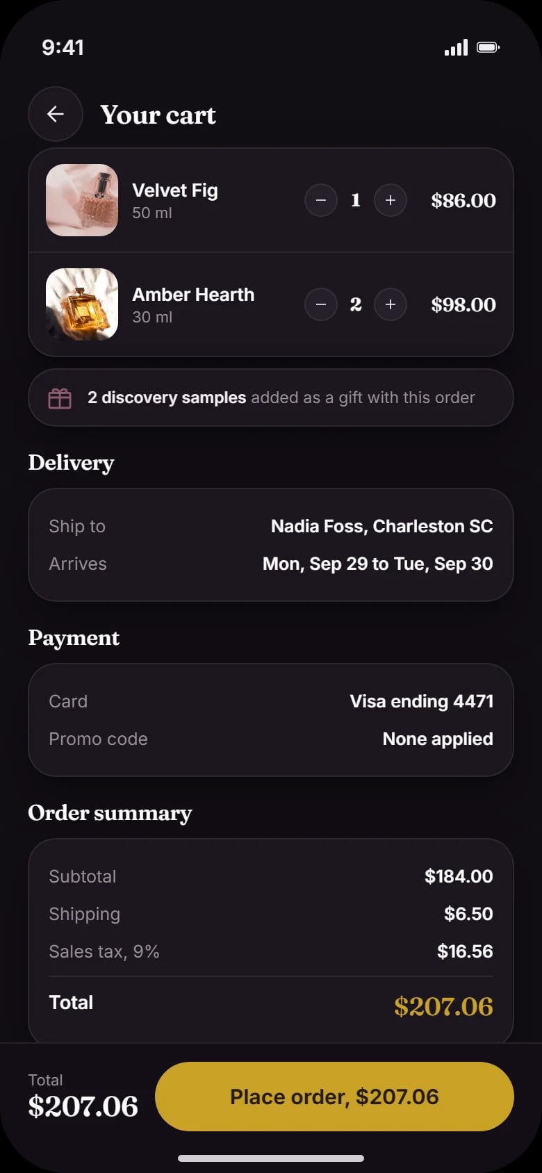Cart: two scents, gift samples, delivery, saved card and order summary