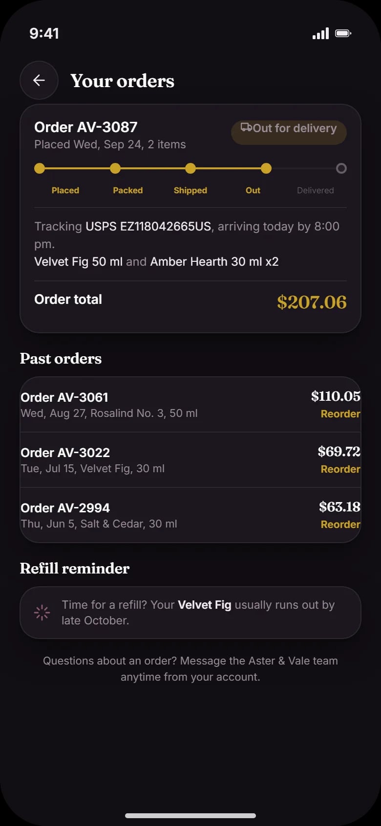 Orders: delivery tracking, past orders with Reorder and a refill reminder