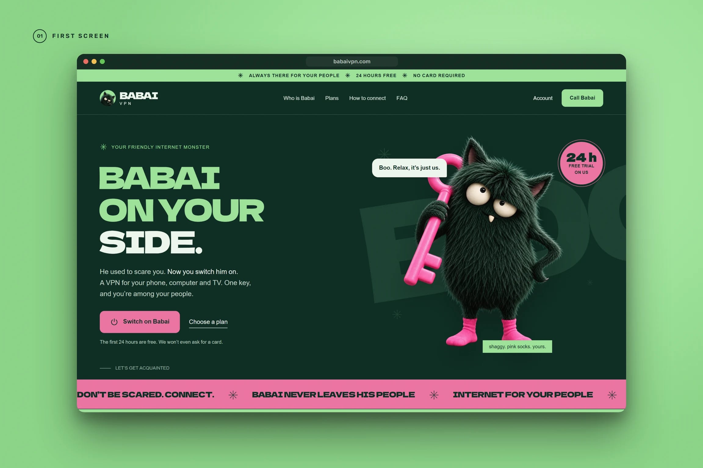 First screen of the website: “Babai on your side” and 24 hours free