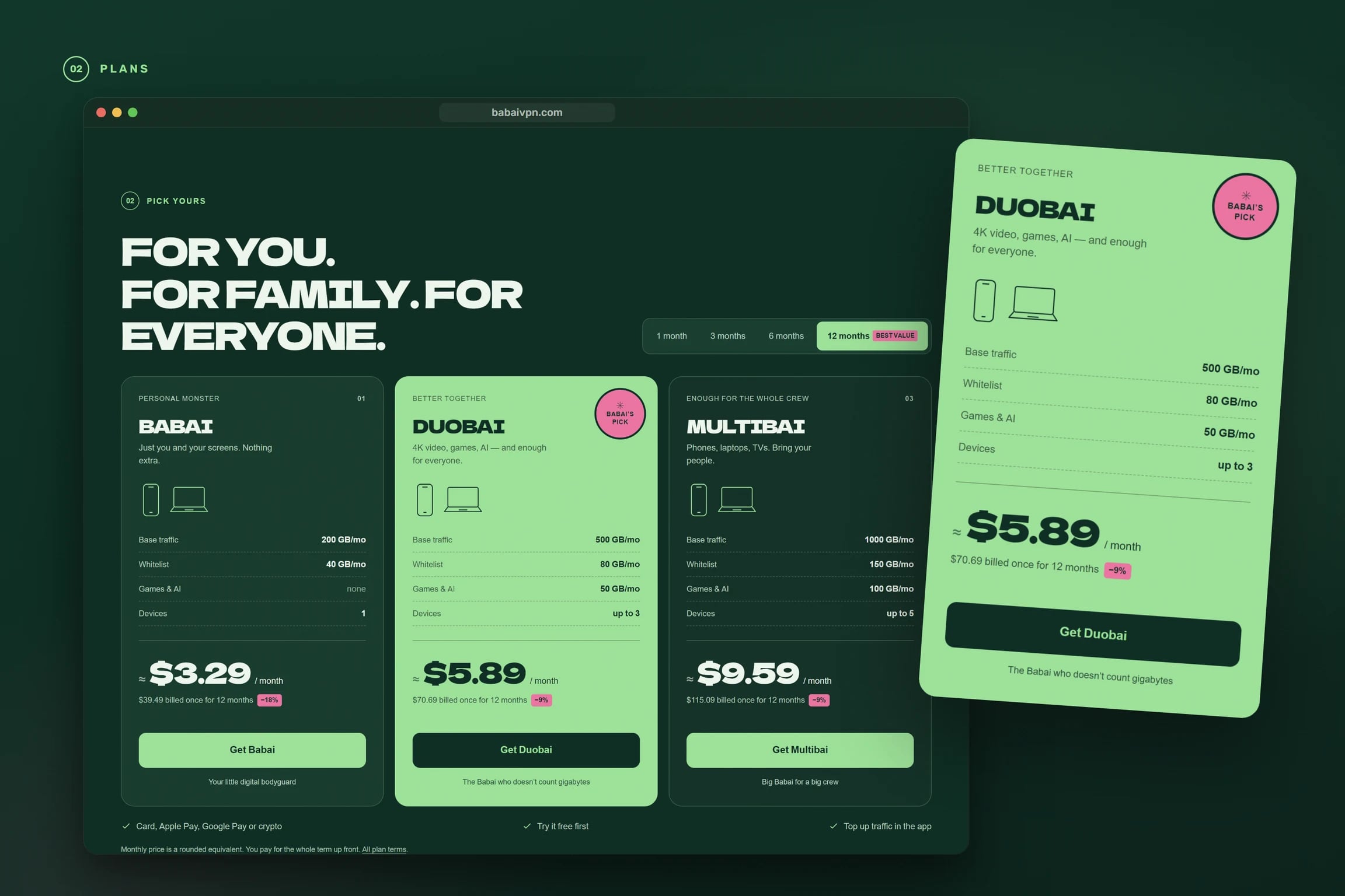 Three plans: Babai, Duobai and Multibai, and the ways to pay