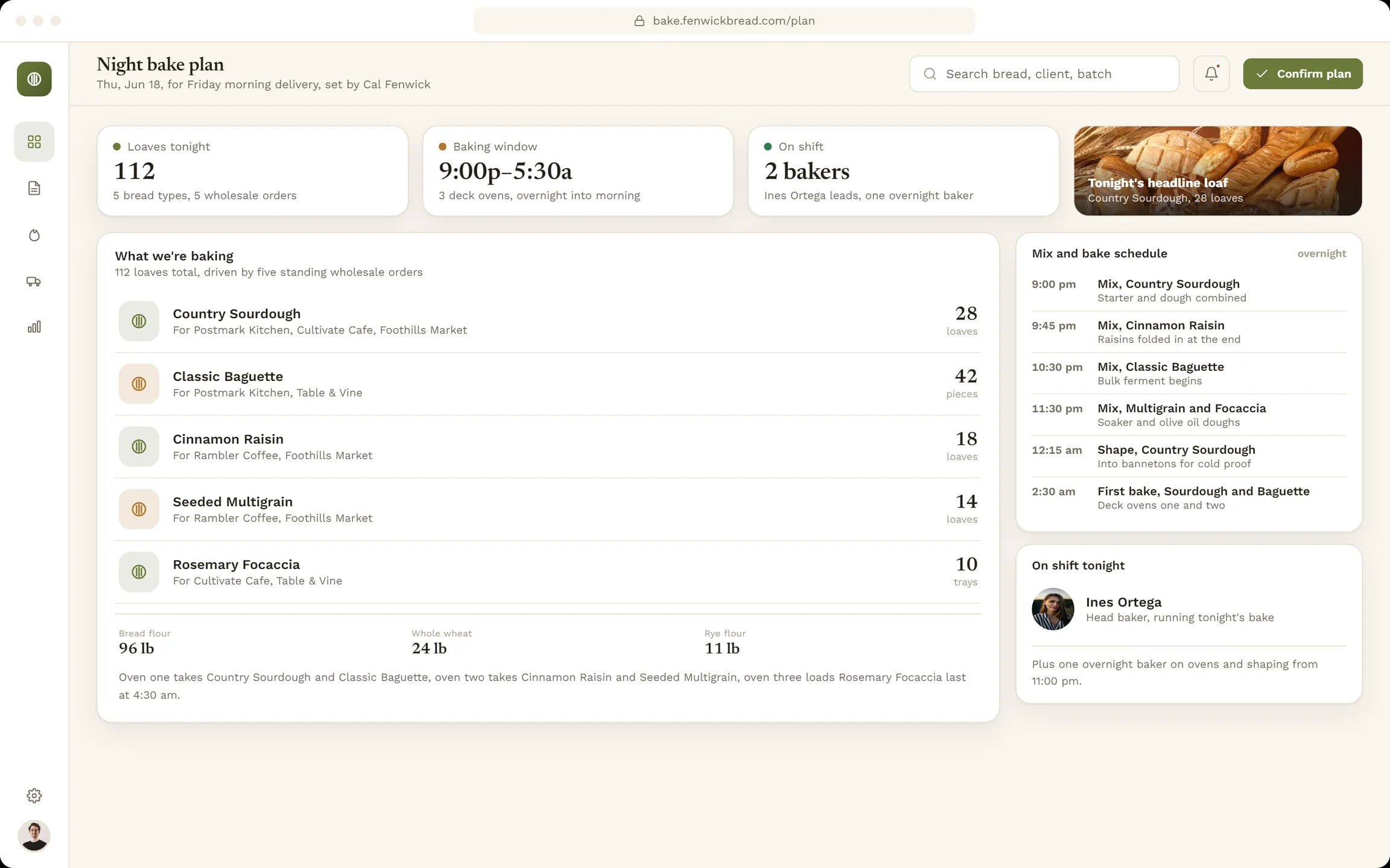 Night bake plan: loaves by bread with the clients each is for, the mix and bake schedule and who is on shift