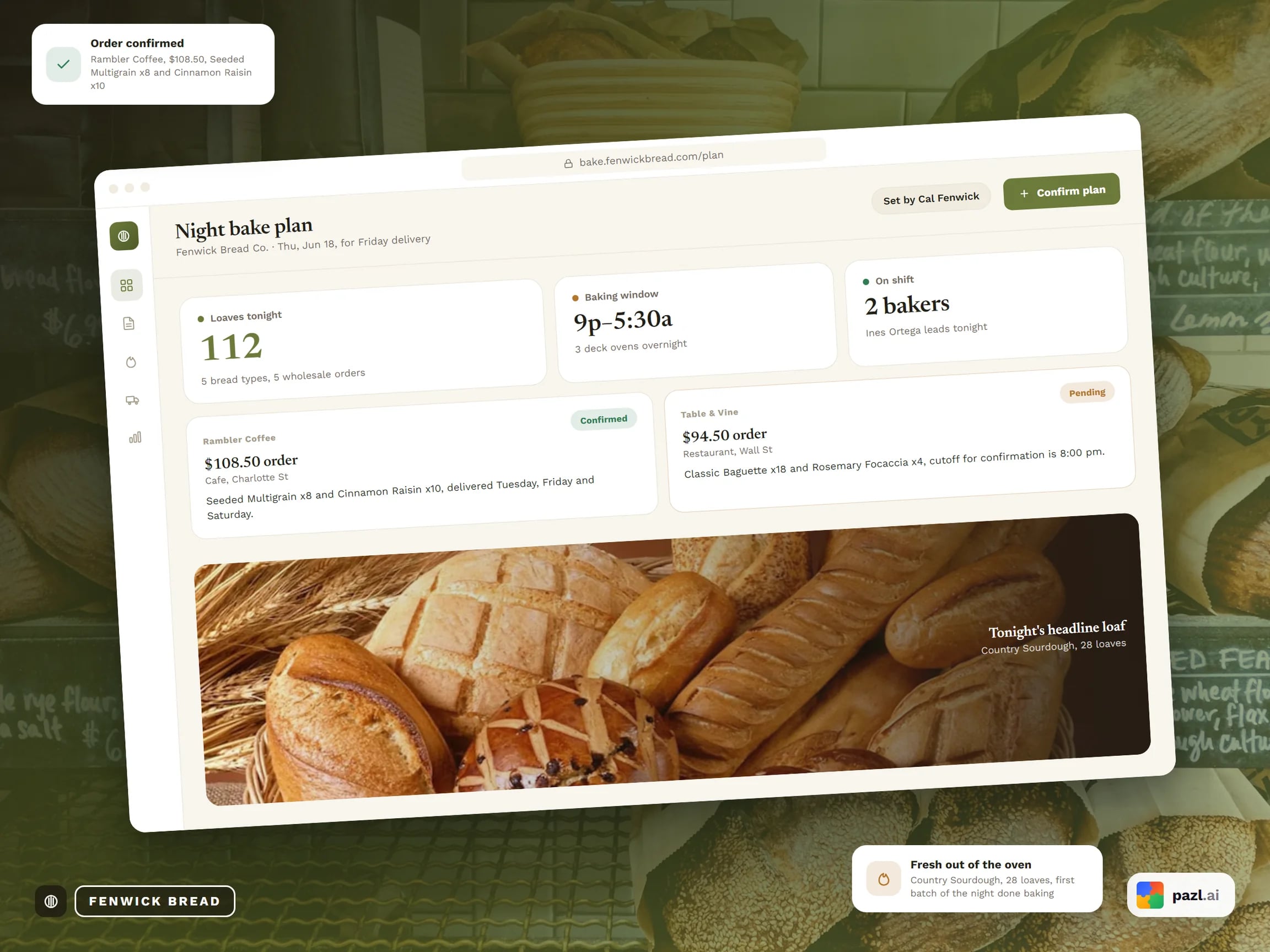 Presentation frame: the night bake plan with a confirmed and a pending wholesale order