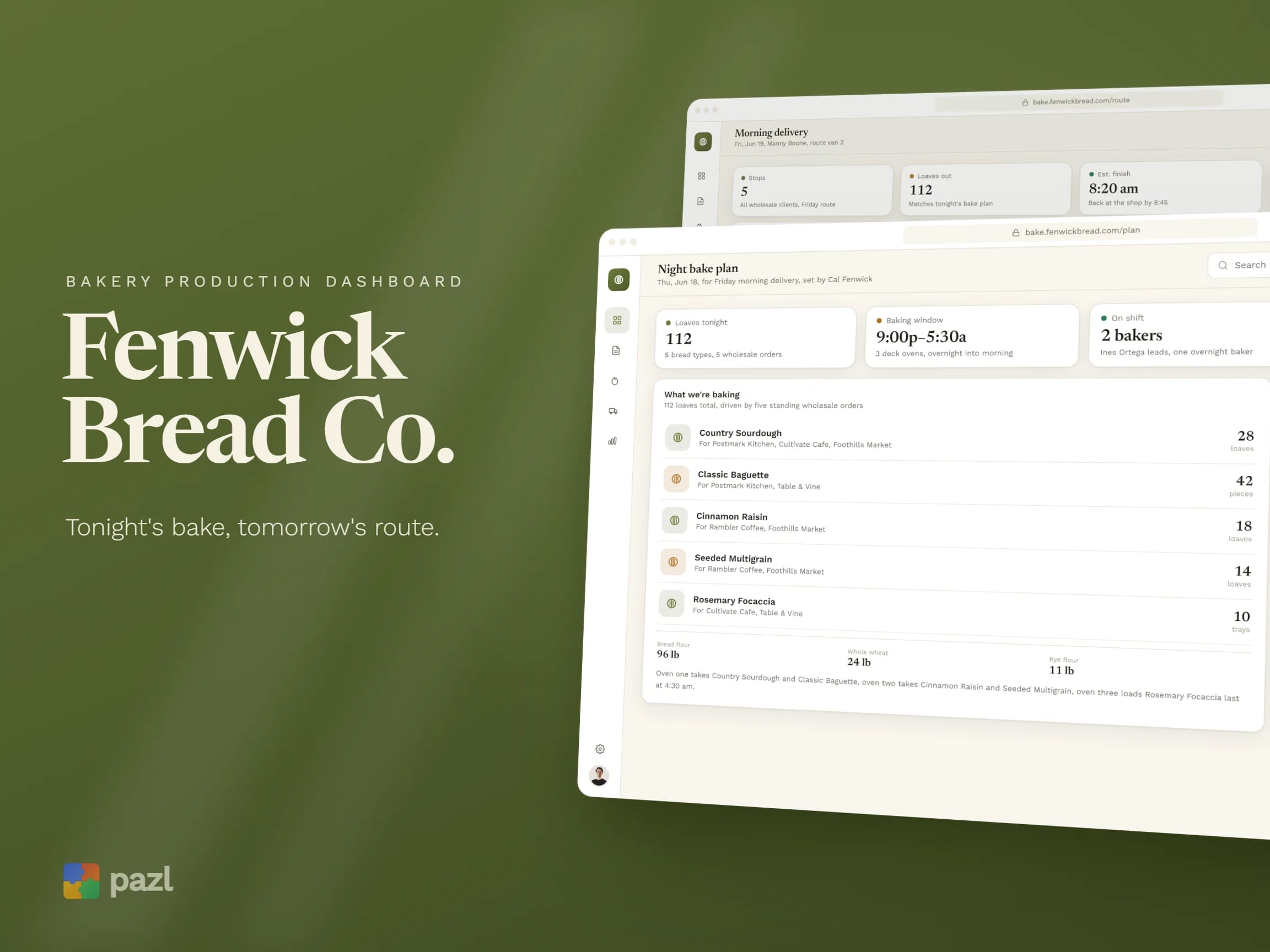 Presentation frame: Fenwick Bread Co. with the night bake plan and the delivery route screens