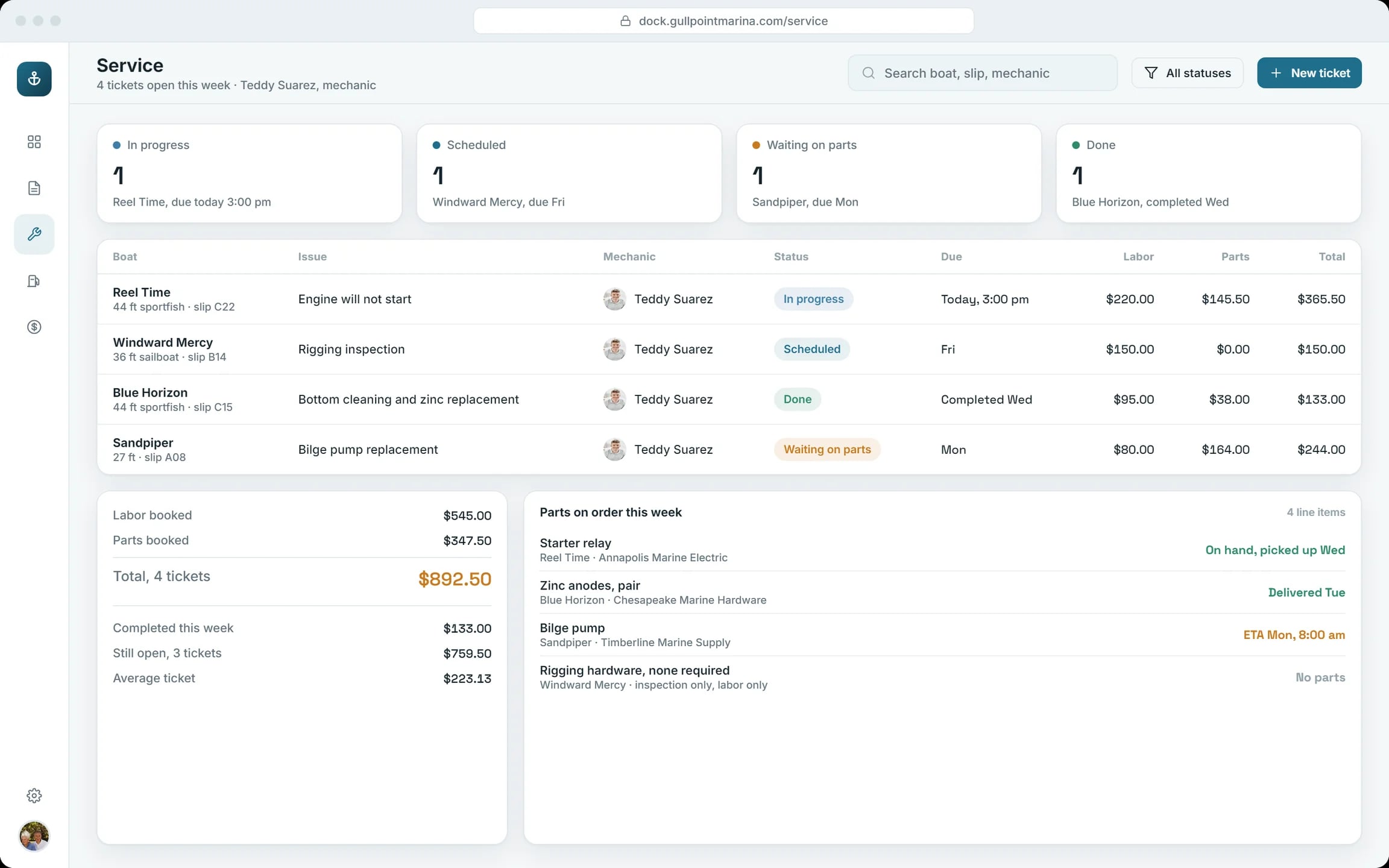 Service board: four tickets with mechanic, status, labour and parts, and the parts on order