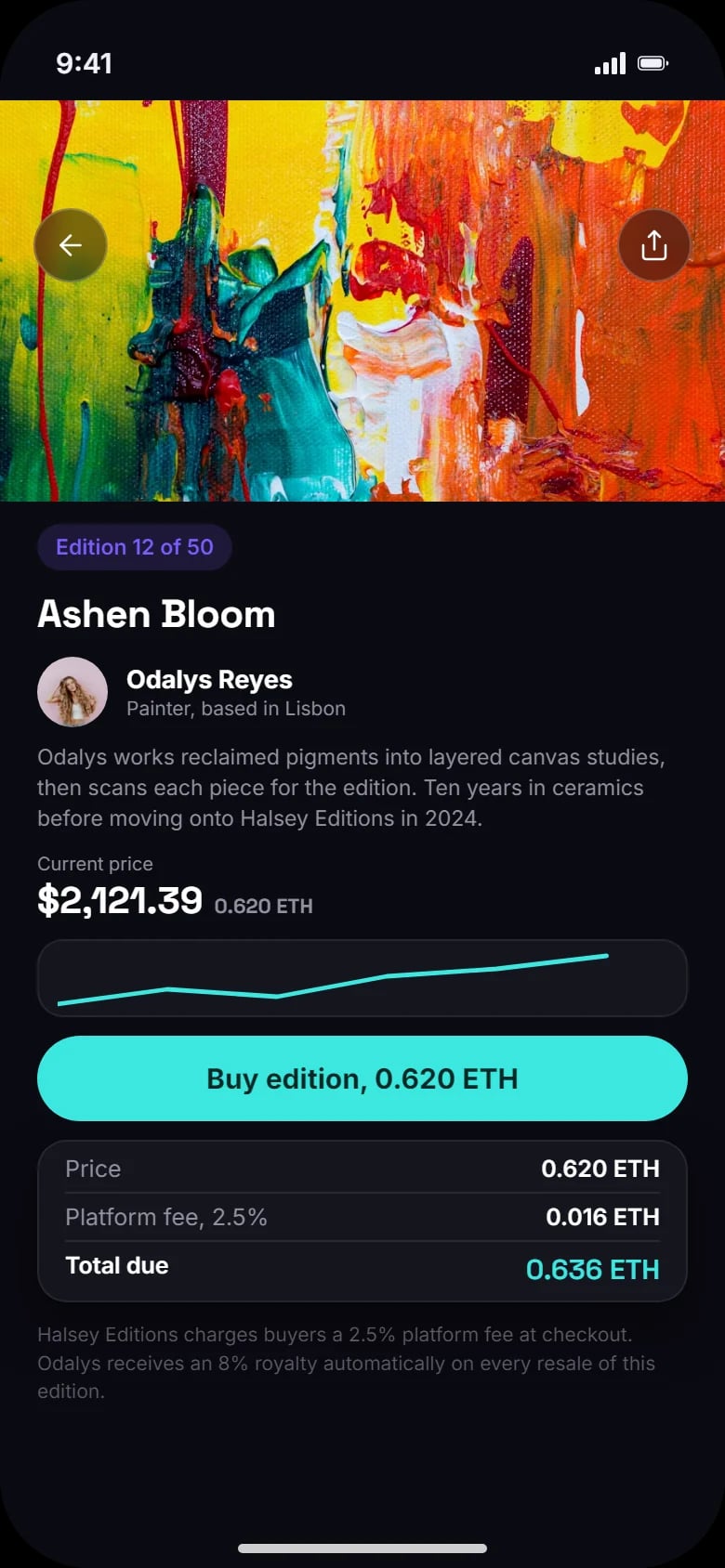 Edition page: Ashen Bloom, edition 12 of 50, price history, fee and total due