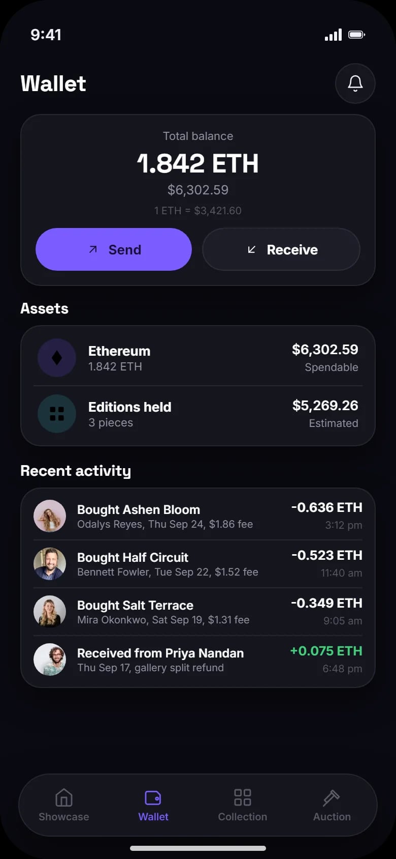 Wallet: ETH balance, editions held and recent purchases with fees