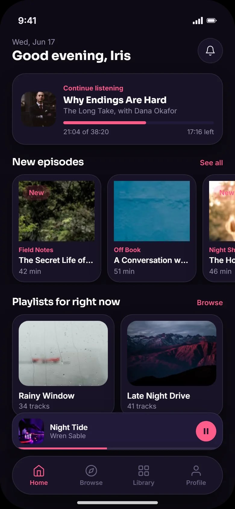 Startseite: Weiterhören, neue Folgen, Playlists für jetzt und der Mini-Player