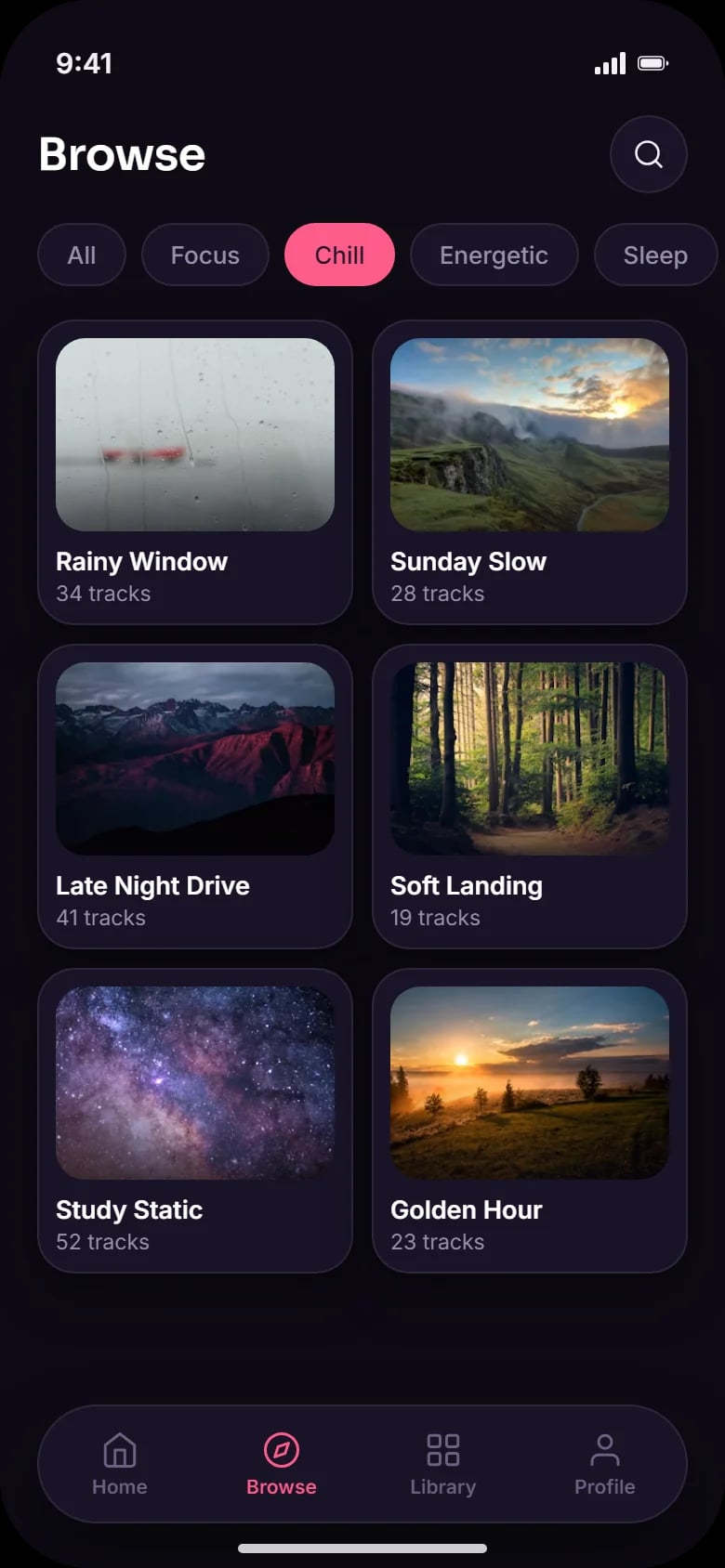Entdecken: Tabs nach Stimmung und Playlist-Karten wie Rainy Window und Late Night Drive