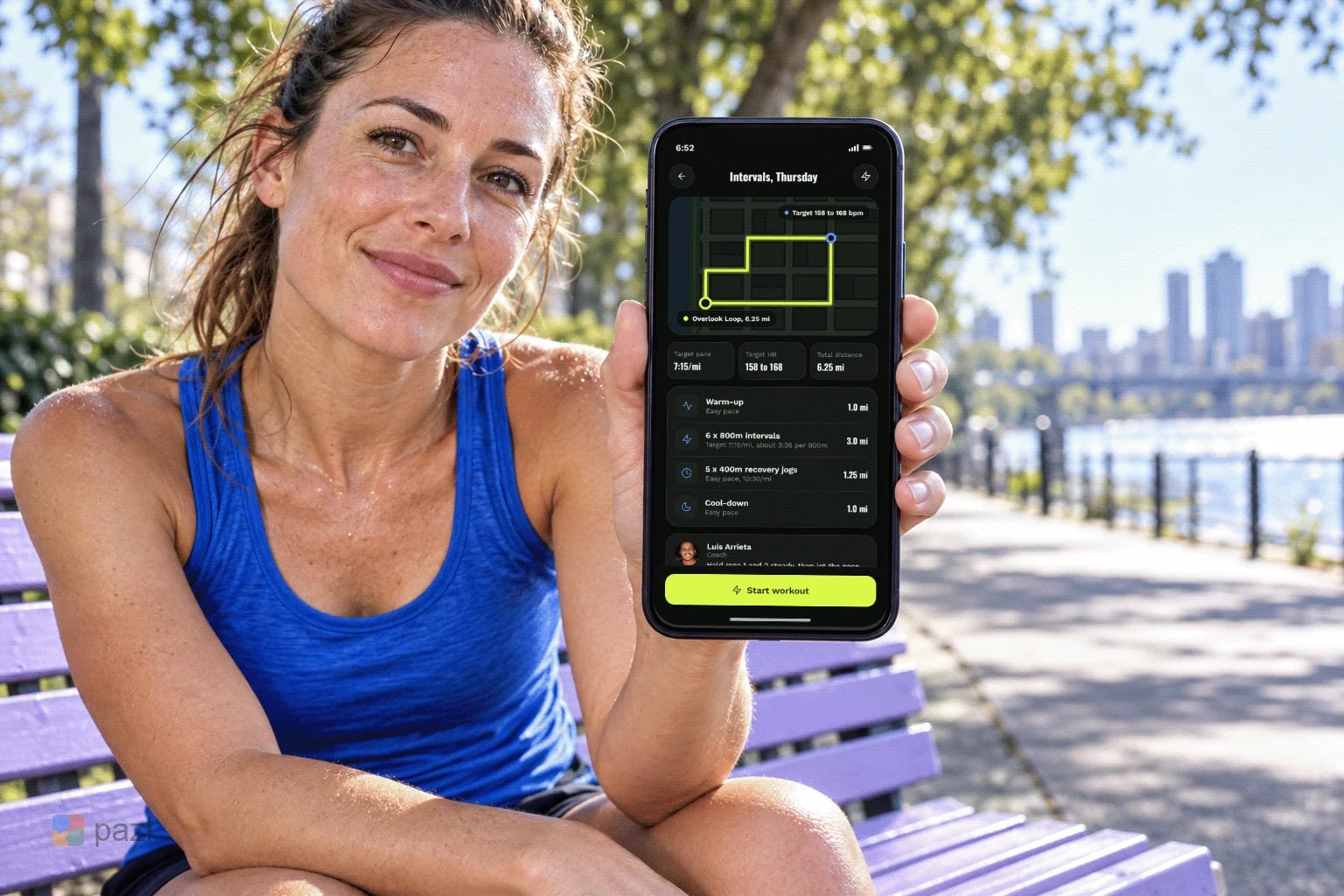 A runner on a park bench holds a phone with the Thursday interval workout
