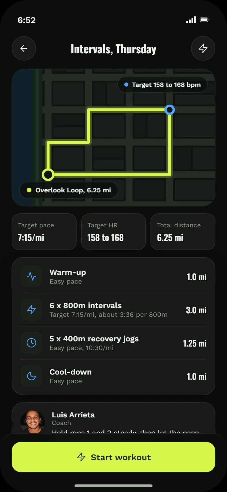 Interval workout: route map, target pace and heart rate, blocks and the coach’s note