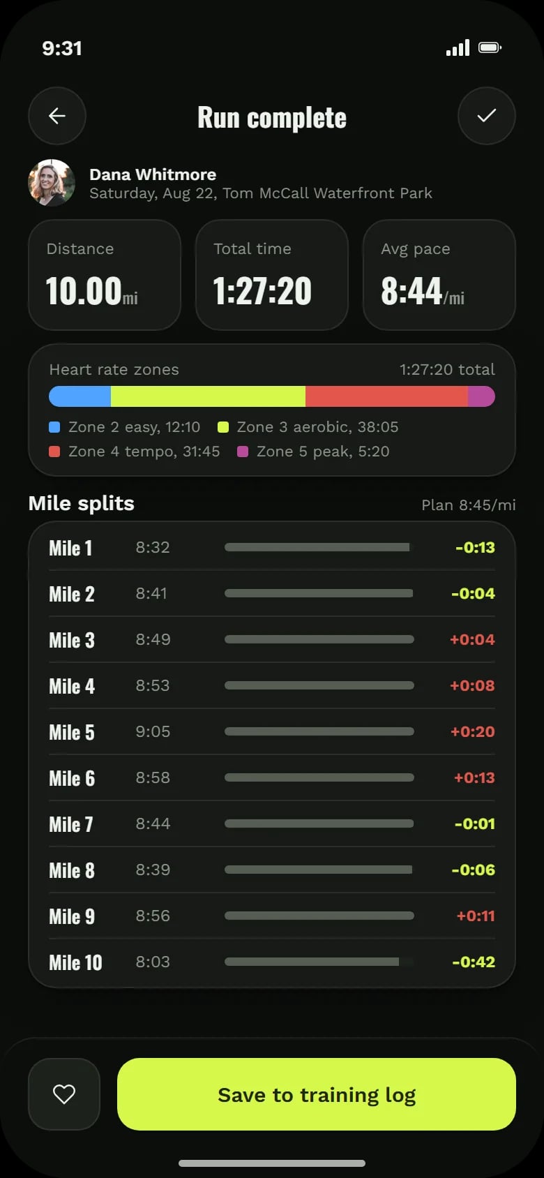 Run complete: distance, time, average pace, heart rate zones and mile splits