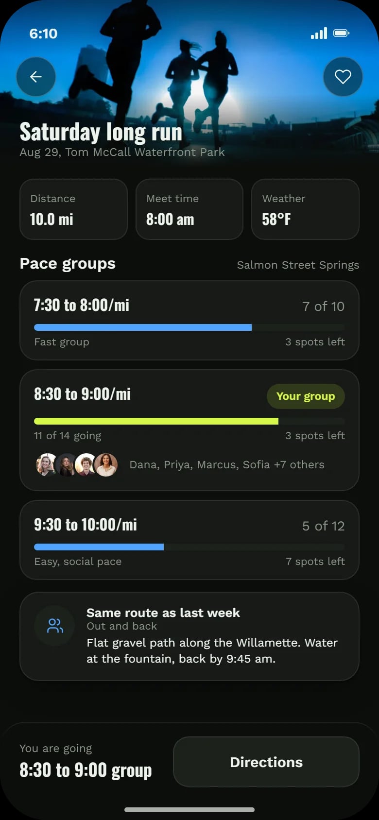 Saturday long run: pace groups with spots left, who is going and the route